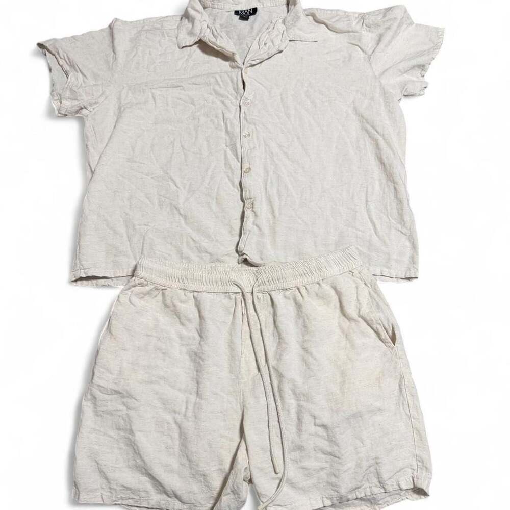 BoohooMAN Cream Linen Short Sleeve Shirt and Short Set